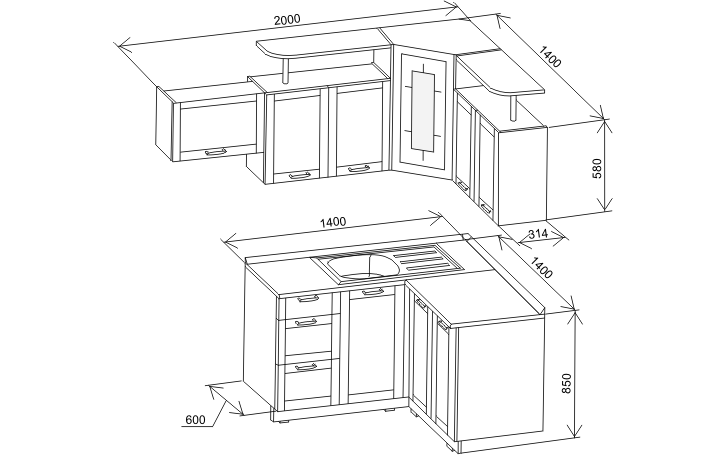 Угловая ширина. Чертёж кухни угловой 2.90. Угловой кухонный гарнитур 2000х1400 схема. Высота кухонного гарнитура снизу. Кухонный гарнитур угловой габариты.