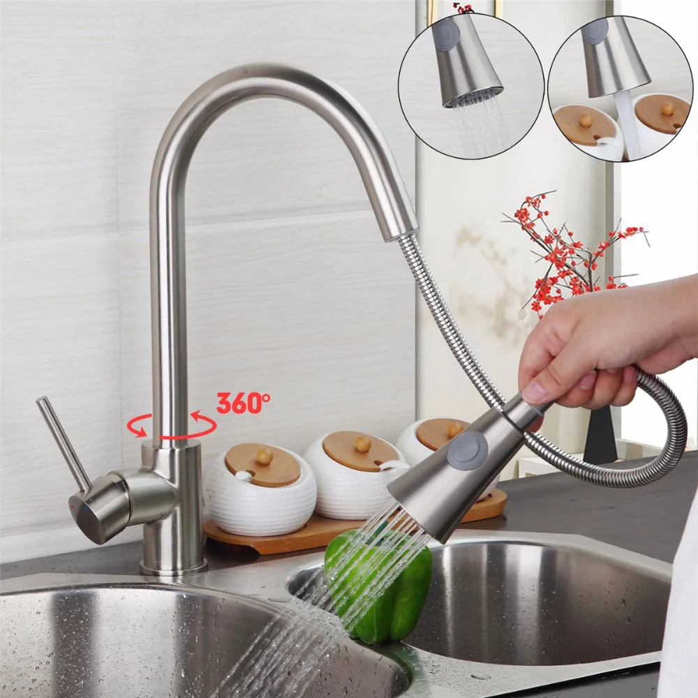 Newest Pull Out Double Spray Kitchen Faucet Mixer Tap Brushed Nickel Single Hand Kitchen Tap Mixer 