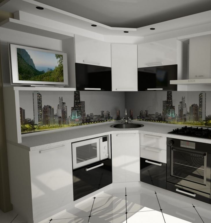 Угловая кухня с телевизором на стене 8 кв м