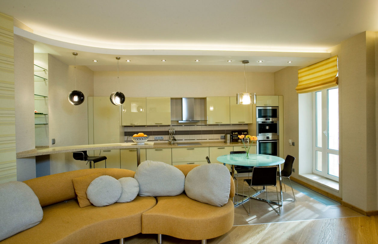 Multilevel ceiling kitchen-living room
