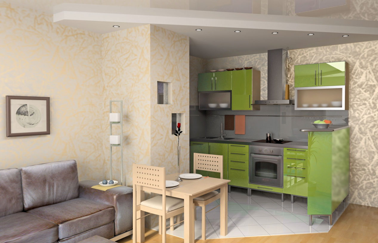 The color scheme of the kitchen-living room