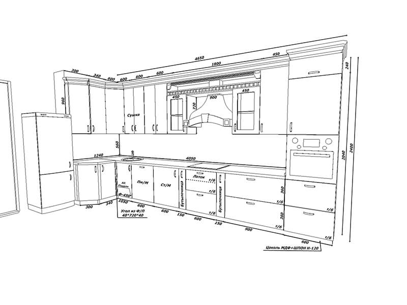 Современная угловая кухня с размерами