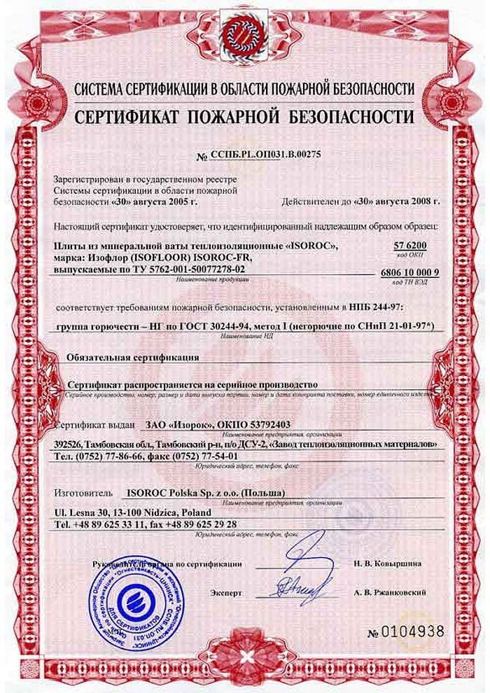 Сертификат пожарной безопасности на панели мдф г1
