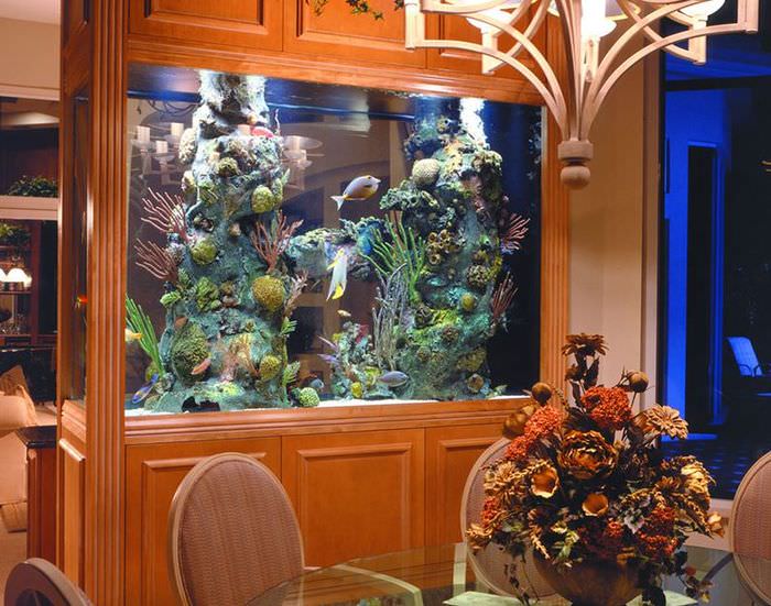 Деревянная перегородка с аквариумом и встроенными шкафами